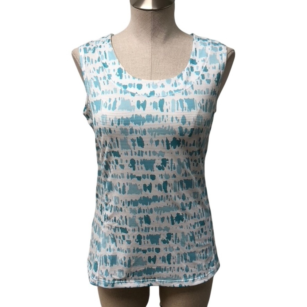 The Bubble Tank Top Women Small Turquoise White Abstract Ribbed Back Ruching
